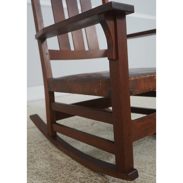 Wood Stickley Antique Mission Style Oak Leather Seat Rocking Chair For Sale - Image 7 of 18