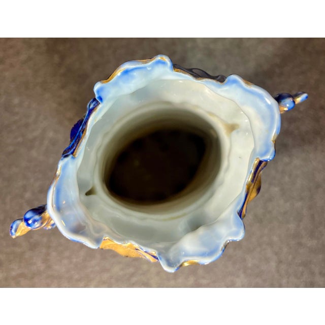Blue Fine Antique German Porcelain Hand Painted Handled Vase For Sale - Image 8 of 9