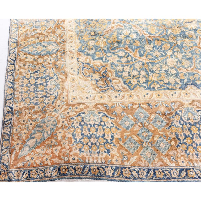 Late 19th Century Authentic Persian Kirman Green Blue Brown Handmade Wool Rug For Sale - Image 5 of 10