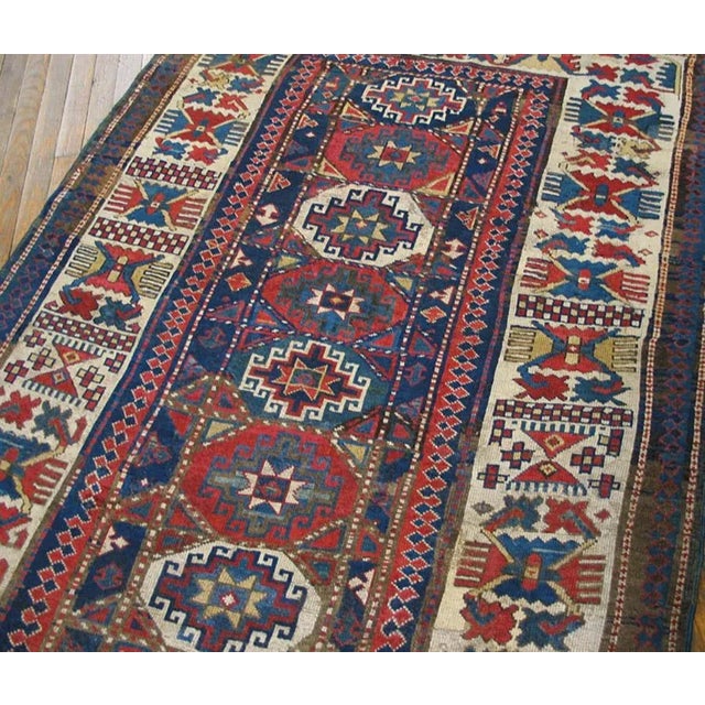 Tribal 1880s Blue Geometric Tribal Antique Caucasian Kazak Rug 4' 6'' X 9' 3'' Knotted Wool Carpet For Sale - Image 3 of 9