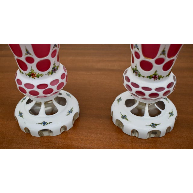 Vintage Pair of Moser? Bohemian Cased Glass Cranberry & White Hand Painted Vases For Sale In Philadelphia - Image 6 of 13