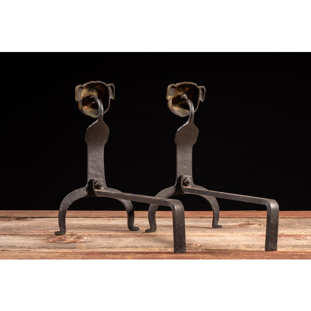 Arts & Crafts Early 20th Century Arts & Crafts Forged-Iron Bulldog Andirons — A Pair For Sale - Image 3 of 9