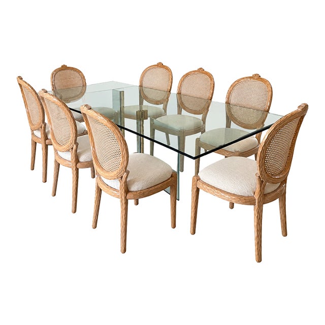 Vintage French Faux Bois and Cane Dining Chairs and Glass Table (6 Chairs & 2 Chairs With Arms) For Sale