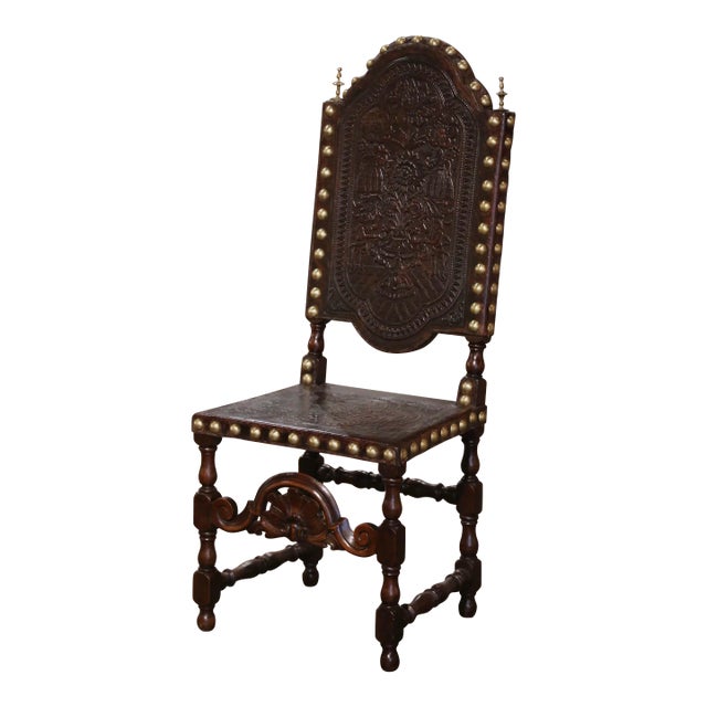 18th Century Portuguese Renaissance Carved Walnut Chair With Embossed Leather For Sale