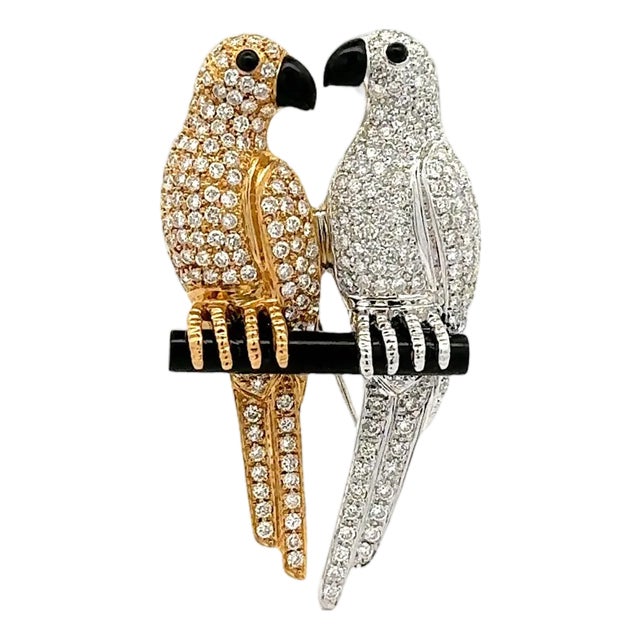 Diamond Onyx 18k Gold Two-Tone Lovebirds Pendant-Brooch For Sale