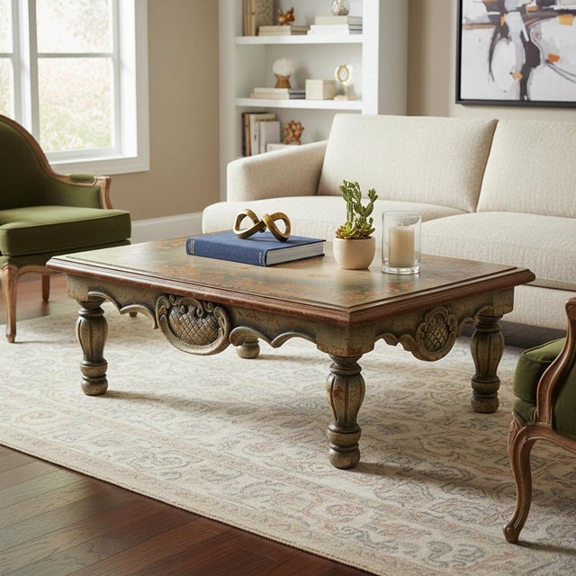 This stunning vintage Victorian-style coffee table is a true work of art. Hand painted with soft, intricate floral motifs...