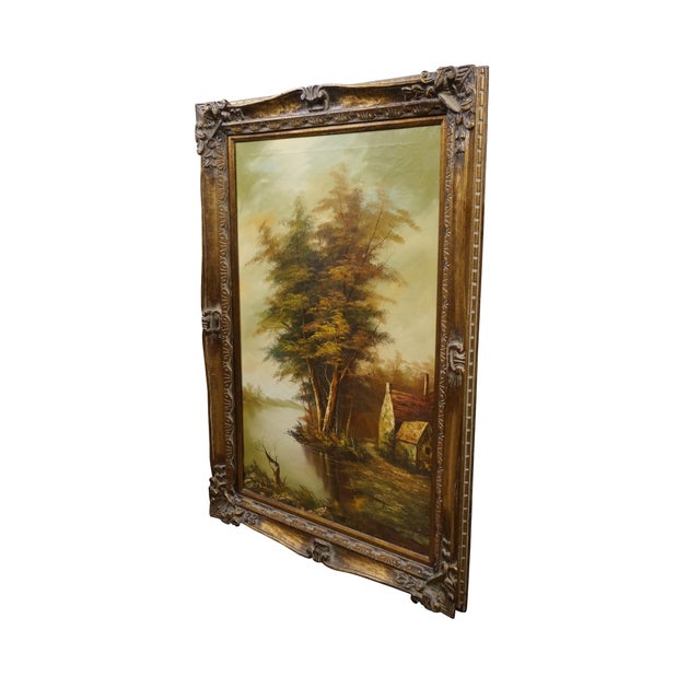 Early 20th-century oil-on-canvas painting by William Henry Harlock. Depicts a countryside landscape with a cottage and...