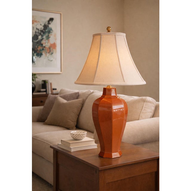 Late 20th Century Faceted Terracotta Glaze Architectural Table Lamp With Original Shade For Sale - Image 10 of 12