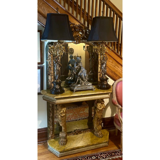 Pair French Neoclassical Bronze, Dor'e Bronze & Belgique Noir Candelabra, Electrified, Ca. 1870 For Sale - Image 4 of 14