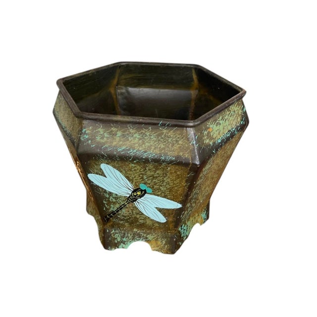 Traditional Vintage Hexagonal Verdigris Metal Cachepot With Butterfly and Dragonfly Motif For Sale - Image 3 of 12
