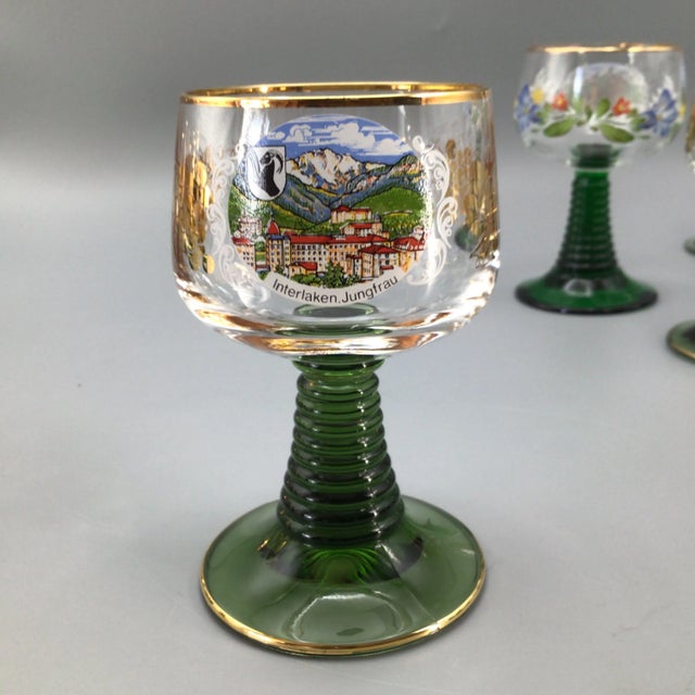 Vintage Emerald Green Beehive Stem German Souvenir Goblets-Set of 13 For Sale - Image 4 of 13
