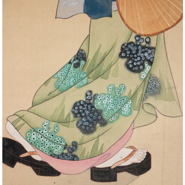 "Beauty Walking Under the Moon", Early Showa Era Japanese Silk Scroll Painting For Sale - Image 9 of 18