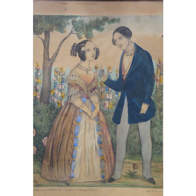 Antique French Hand Colored Lithograph 'Le Cadeau' Romance Courting Scene Framed For Sale - Image 4 of 11