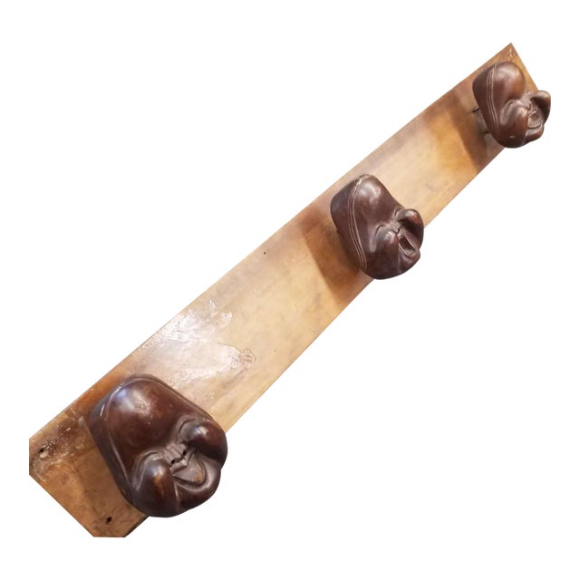 Hand-Carved Japanese Vintage Ofuku & Noh-Style Mask Trio on Wooden Panel – Signed For Sale