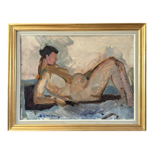 Mid-Century Modern 'The Expectant Nude' Vintage Original Figurative Portrait Oil Painting, Framed