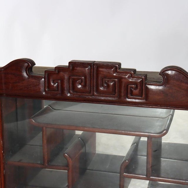 Antique Chinese Mahogany Netsuke Enclosed Display Cabinet With Carved Boken Arch Crest C1930 Measures - 28" x 17 1/2" x 5...