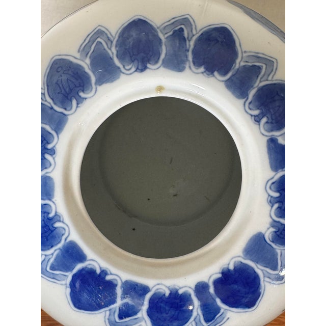 Vintage Chinoiserie Cobalt Blue and White Ceramic Porcelain Lidded Ginger With Wood Base For Sale - Image 9 of 12
