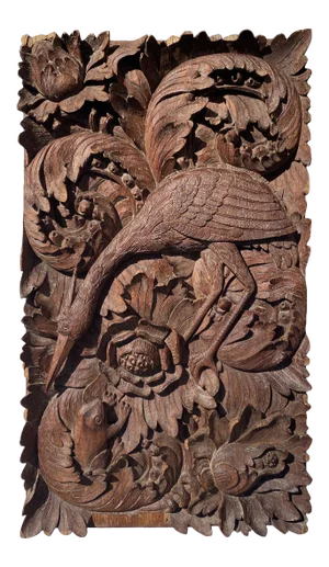 18th Century (Late) High Relief Carved Heron and Frog Panel