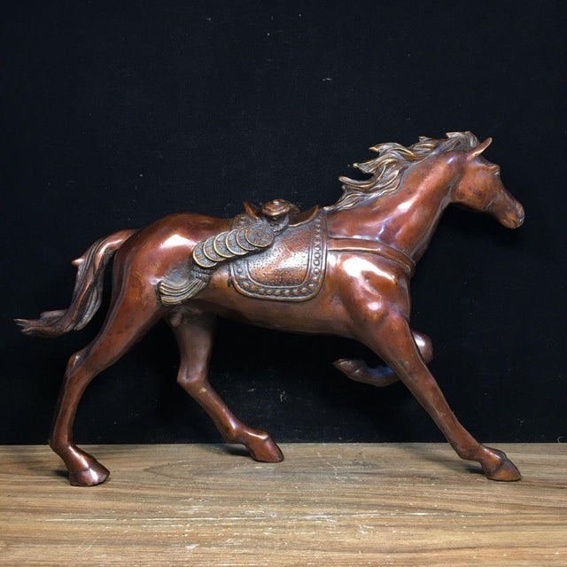 Metal Vintage Bronze Galloping Horse Statue With Saddle, Chinese Wealth Attracting Horse Sculpture For Sale - Image 7 of 7