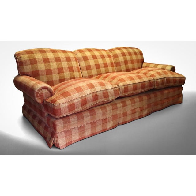 Up for grabs here is a stunning large 3 seater signature sofa short scroll arm by george smith in gorgoeus red / beige...
