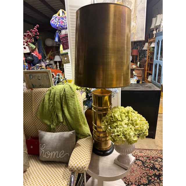Mid 20th Century Mid 20th Century Mid-Century Modern Brutalist Style Gold-Tone Table Lamp With Drum Shade For Sale - Image 5 of 8