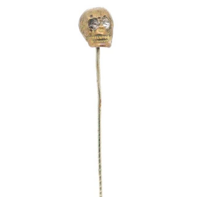 Mid-Century Modern Old or Antique Estate Bronze Skull Memento Mori Stick Pin With Glass Eyes For Sale - Image 3 of 12
