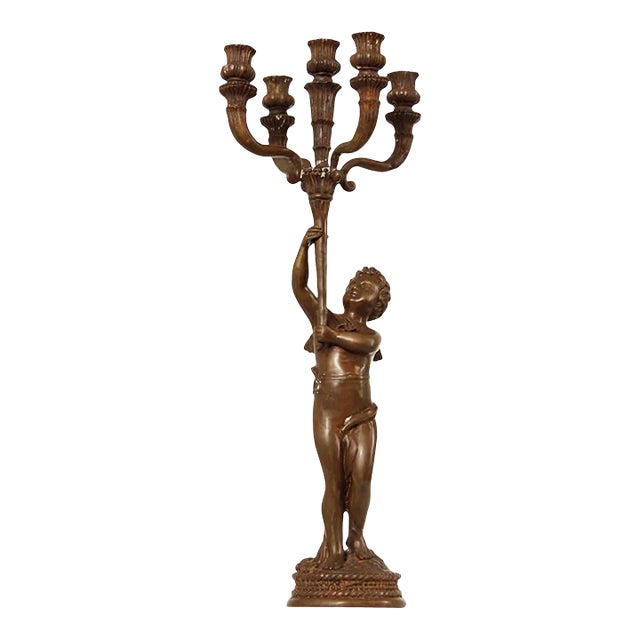 Italian Renaissance Revival Style Bronze Six-Light Figural Candle Holder For Sale