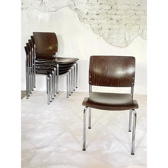 Modern Vintage Plywood and Chrome Stacking Chairs from Kusch + Co., Germany, 1970s, Set of 4 For Sale - Image 3 of 11
