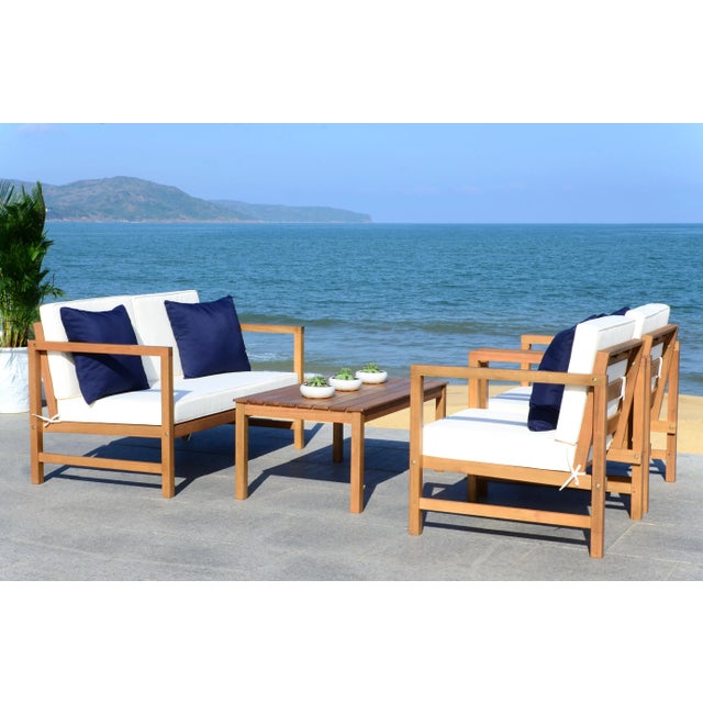 Wood Outdoor Table and Chair Set With Accent Pillows in Natural & White & Navy - 4 Pieces For Sale - Image 7 of 10