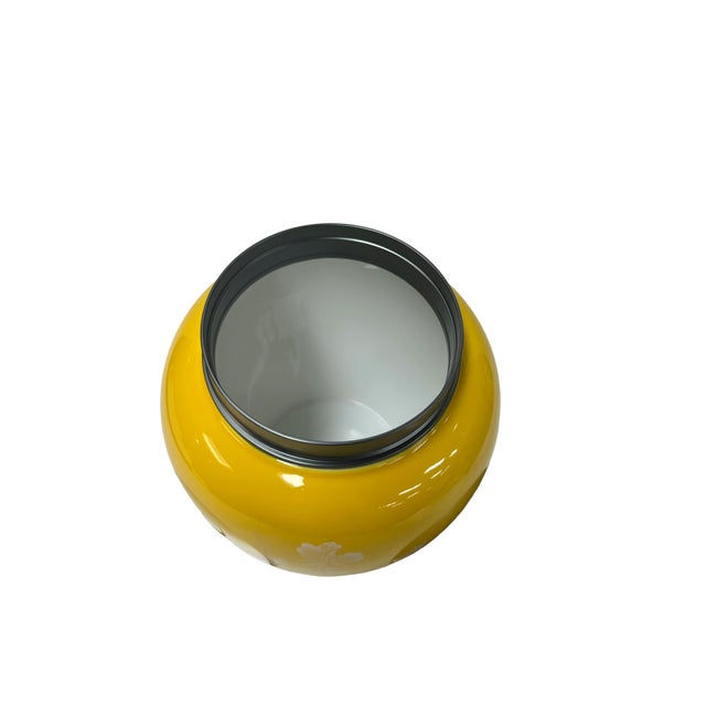 Bright Yellow White Floral Peonies Butterflies Bulbous Porcelain Metal Lid Jar For Sale In San Francisco - Image 6 of 8
