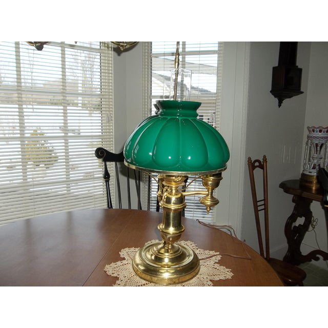 Vintage Brass Double Student Lamp Green Melon Glass Shades Chairish