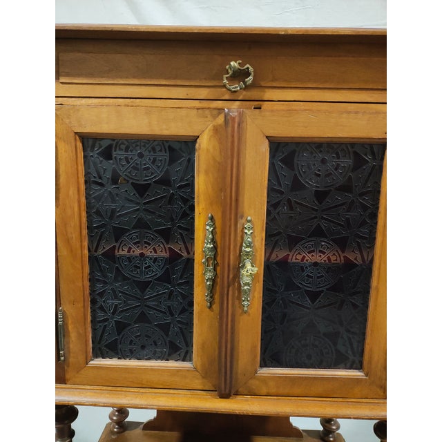 Brown Antique Victorian Walnut Sheet Music Cabinet / Record Cabinet With Patterned Glass Doors, Circa 1880 For Sale - Image 8 of 13
