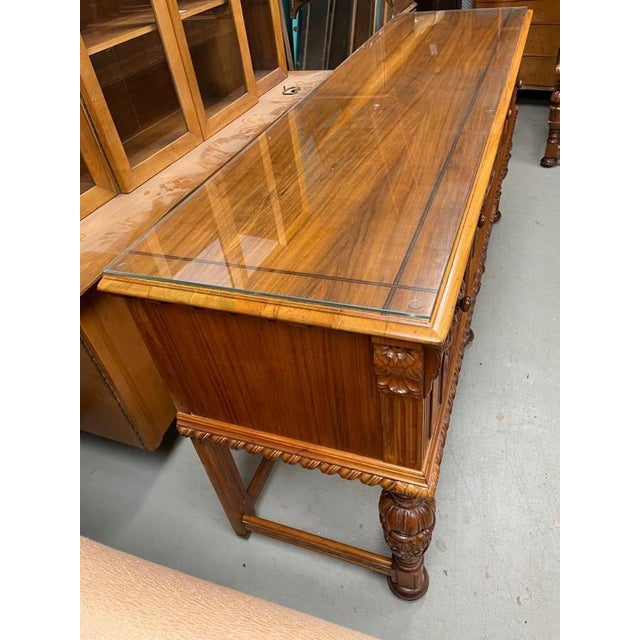 Jacobean Antique Hand Carved Sideboard Buffet, Berkey & Gay, Jacobean Revival, Walnut Wood, Glass Top For Sale - Image 3 of 11