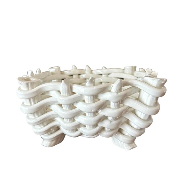 Traditional Vintage Ceramic Basketweave / Basket Woven Footed Blanc De Chine Style Cachepot / Planter / Bowl / Vide Poche, Made in Spain For Sale - Image 3 of 7