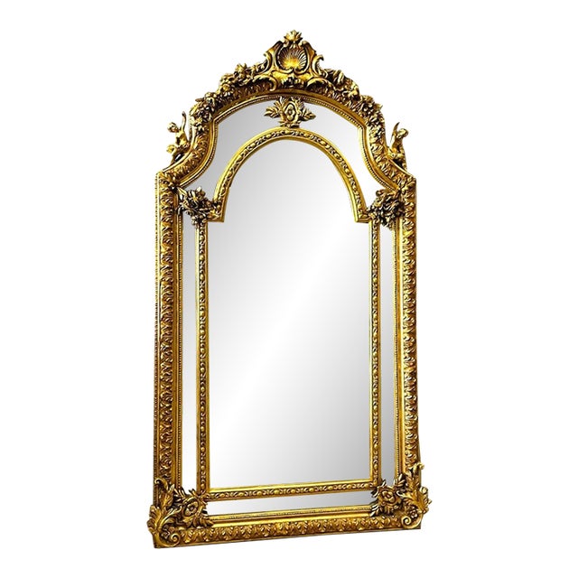 Baroque Rococo Floor Mirror – Gold Leaf Finish With Angel Carvings, 6.6 Ft Tall Statement Mirror For Sale
