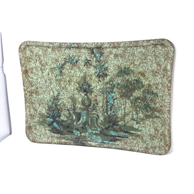 A vintage, large mint green fiberglass serving tray, printed with a layered, landscape design. Good vintage condition;...