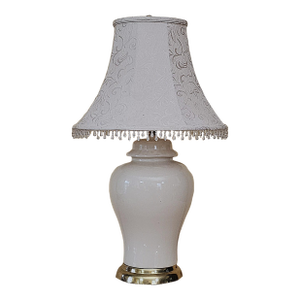 Vintage American Ivory Glazed Ceramic Table Lamp With Brass Base and Embossed Bell Shade