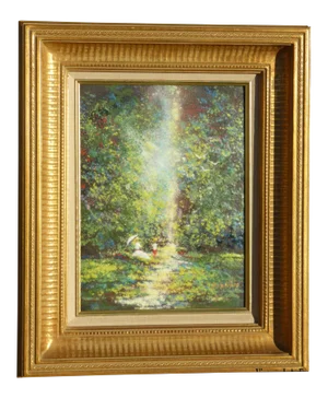 David Karp Woman W Umbrella Child Garden Scene Enamel on Copper Painting Picture