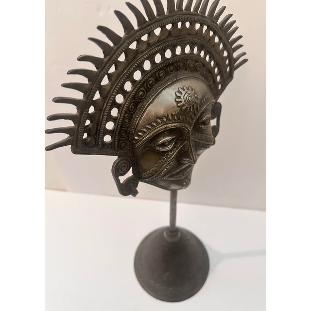Metal Vintage Tribal Face Sculpture on Base For Sale - Image 7 of 12