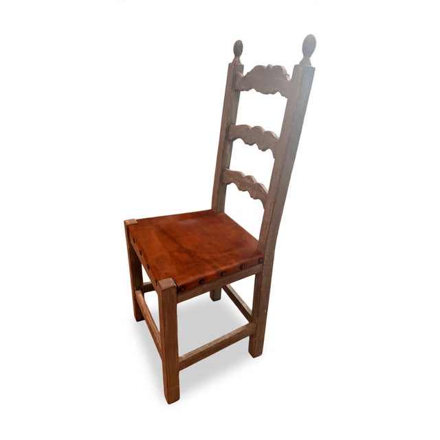 Set of 8 Spanish Colonial Revival Ladder-Back Dining Chairs, Distressed Wood & Cognac Leather For Sale - Image 4 of 4
