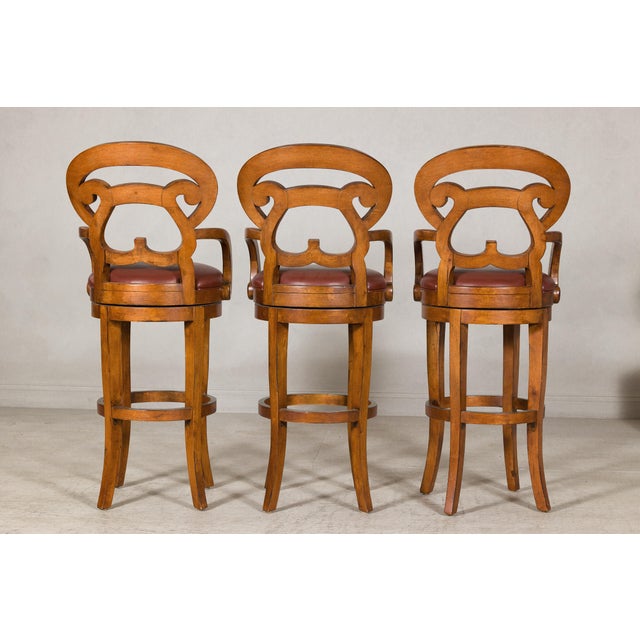 Swivel Bar Stools with Carved Backs and Faux Leather Seats – Set of 3 For Sale - Image 12 of 12