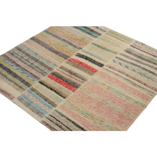Contemporary Rug & Kilim’s Patchwork Kilim Square Rug in Polychromatic Stripes For Sale - Image 3 of 6