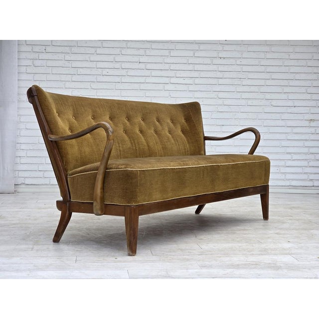 1960s, Danish design by Alfred Christensen. 2-seater sofa, green furniture velour, beech wood, springs in the seat....