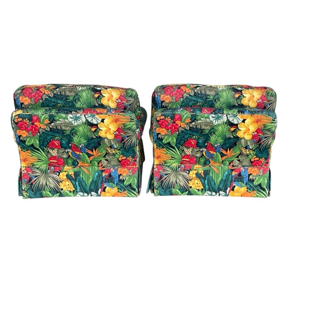 80s Tropical Floral Skirted Lounge Chairs With Parrot Motif Upholstery, a Pair, Palm Beach Regency, Vintage, Maximalism For Sale - Image 4 of 12