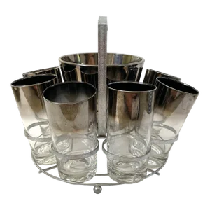 Queen's Lusterware Bar Set Silver Ombre 8 Highball Glass Ice Bucket Chrome Caddy