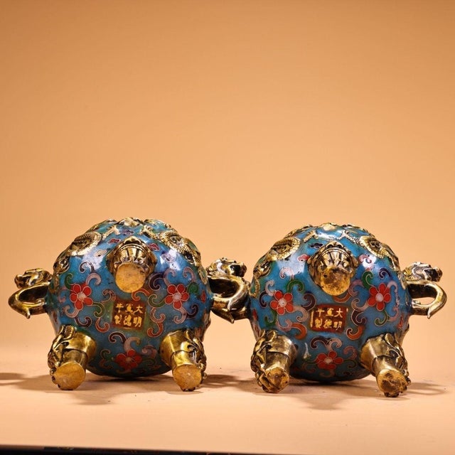 Pair of Vintage Chinese Cloisonné Enamel & Gilt Bronze Dragon Censers / Incense Burners For Sale - Image 4 of 10