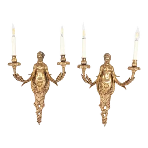 Large Pair of 19th Century French Empire Style Gilt Bronze Sconces Featuring Caryatids of Acantha
