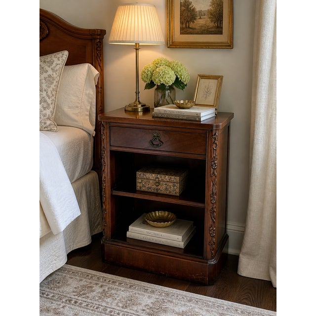 An elegant vintage bedroom suite by Century Furniture, featuring a beautifully crafted serpentine-front chest of drawers...