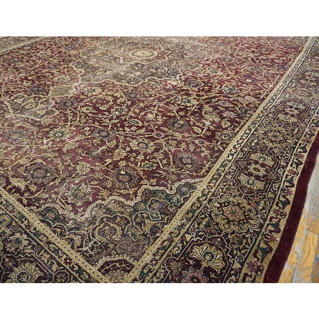 19th Century Brilliantly Wine Red Color With Great Medallion and Florid Design Antique Indian Agra Rug For Sale - Image 5 of 8