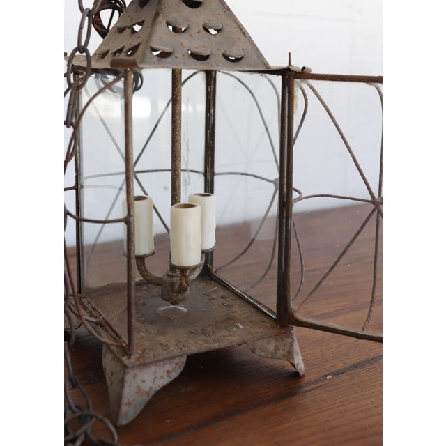Bronze Pair of Newly Wired Antique French Tôle and Glass Lanterns For Sale - Image 8 of 10